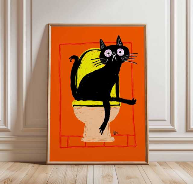 Funny Cat On Toilet Wall Art Print, Quirky Black Bathroom Poster, Bold ...