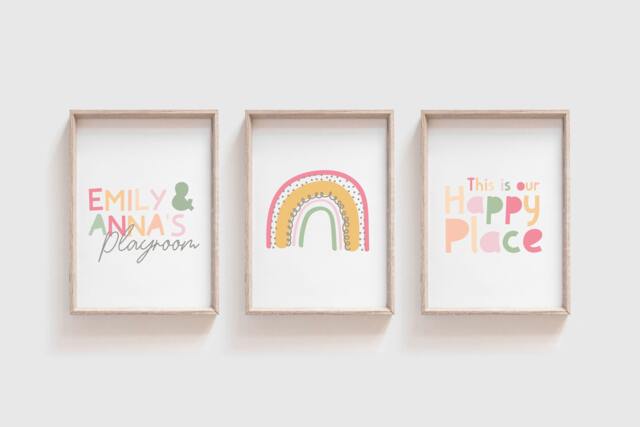 3 Girls Playroom Prints, Sister Bedroom Nursery Print, Our Happy Place ...