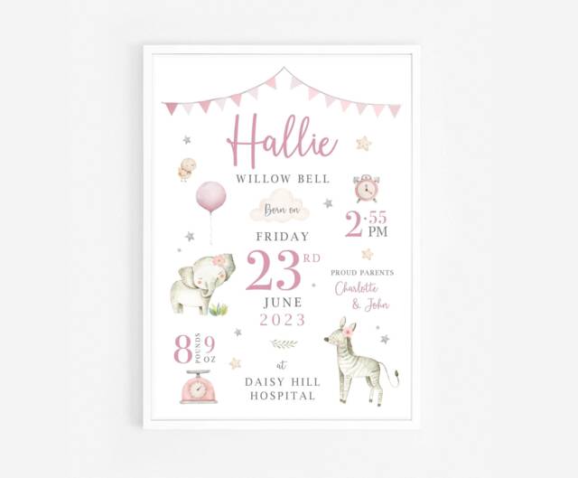 Personalised New Baby Print - Birth Details Gift Girl Newborn Nursery ...