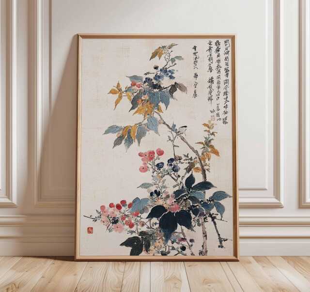 Japanese Botanical Wall Art, Vintage Floral Print, Traditional
