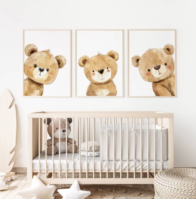 Teddy Bear Nursery Prints Set Neutral Peeking Wall Art by Etsy ...