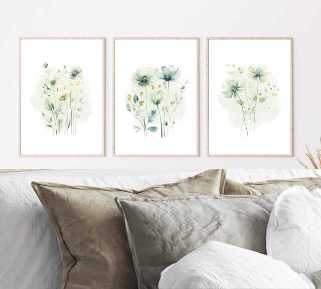 Set Of 3 Unframed Sage Green Floral Prints, Wildflower Botanical Wall ...
