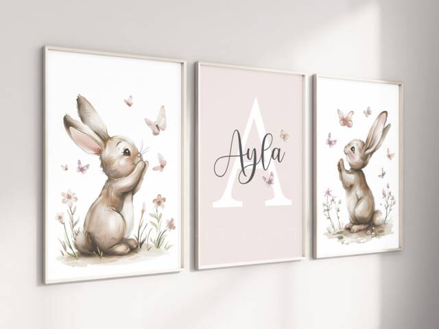 Bunny Rabbit Baby Girls A4 Or A3 Nursery Set Of Unframed Prints Pink ...