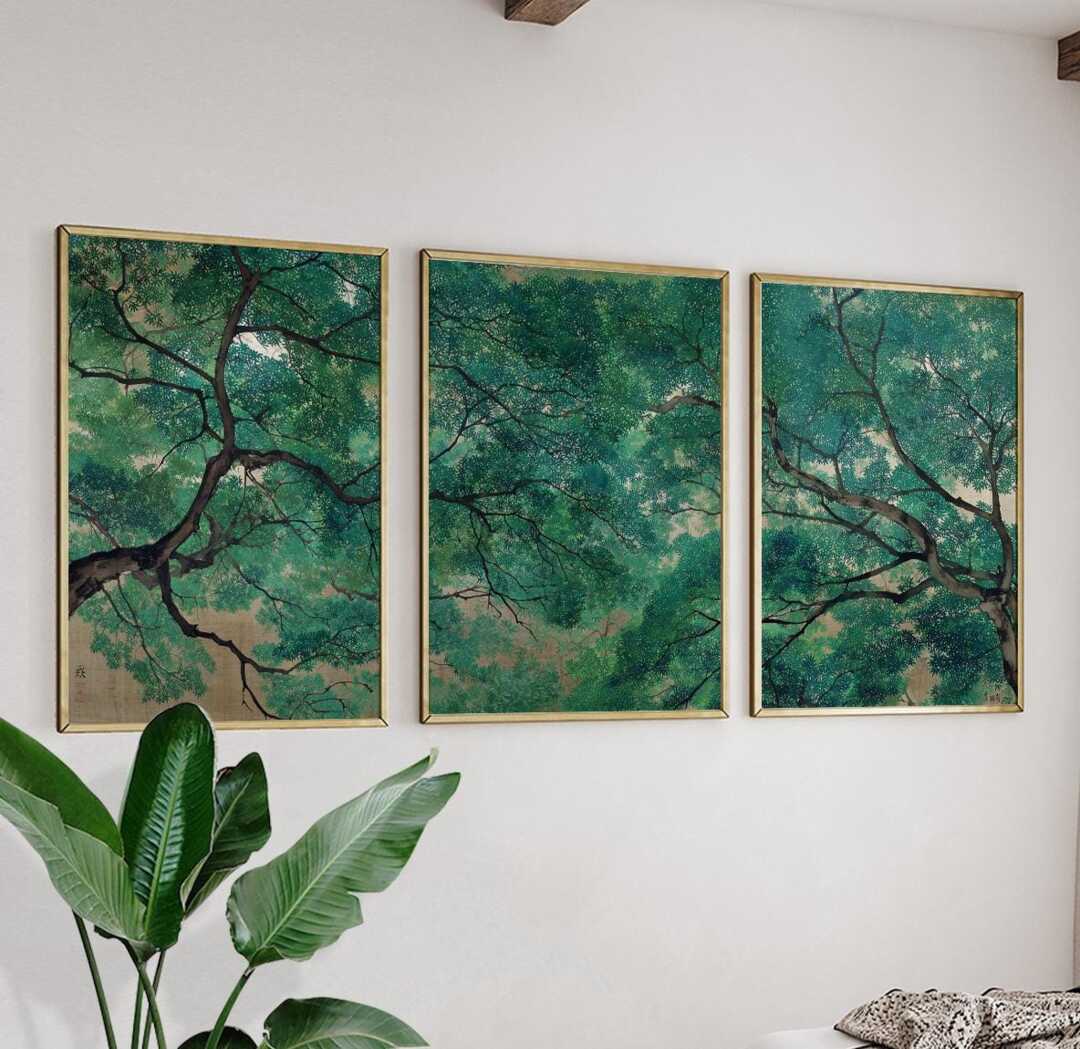Japanese Forest Canopy Poster Set - Green Tree Branch Triptych