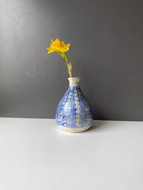 Speckled Blue & White Bud Vase, Flower Pattern, Wheel Thrown Stoneware ...