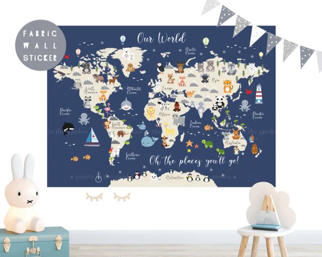 Animal World Map Fabric Wall Sticker Nursery Art by Etsy | ufurnish.com