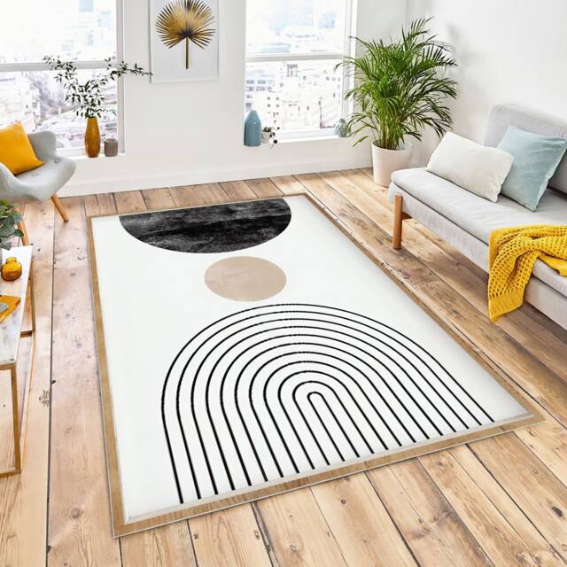 Mid Century Modern Wall Art Rug, Neutral Abstract Geometric Digital ...