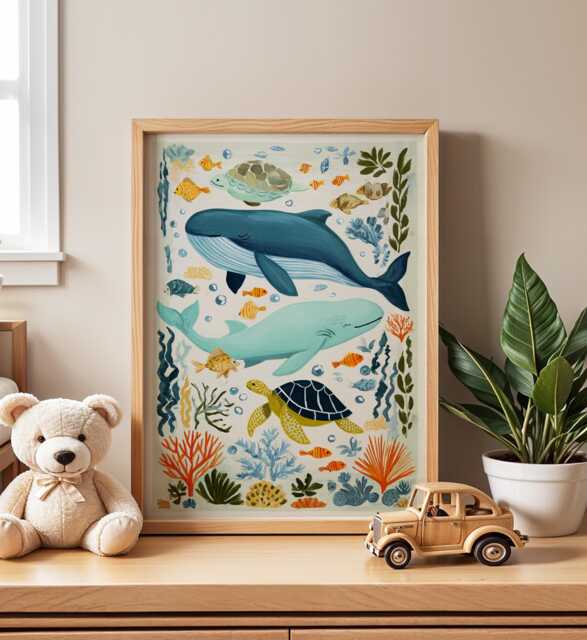 Under The Sea Nursery Wall Art, Ocean Animal Illustration, Whale ...