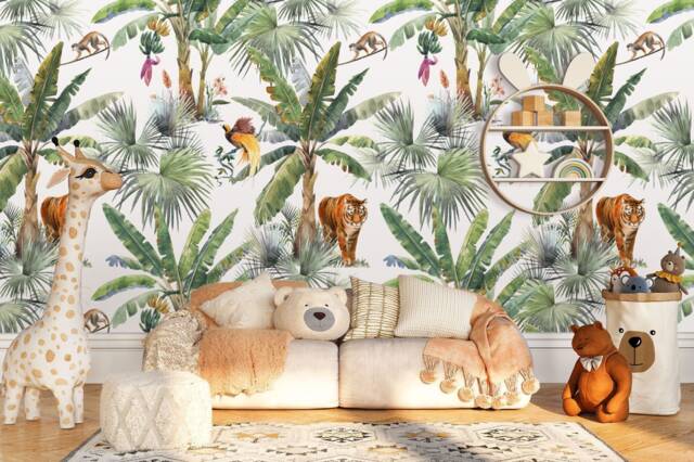 Watercolor Jungle Wallpaper, Tropical Wall Mural, Safari Animals ...