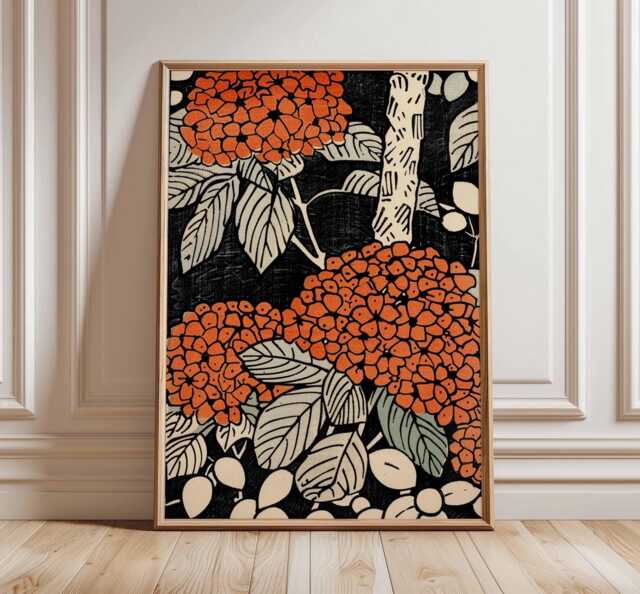 Japanese Floral Wall Art Poster, Vintage Botanical Print, Red
