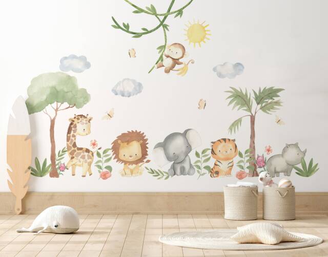 Watercolor Safari Animals Wall Decal Set Peel & Stick Nursery Decor by ...