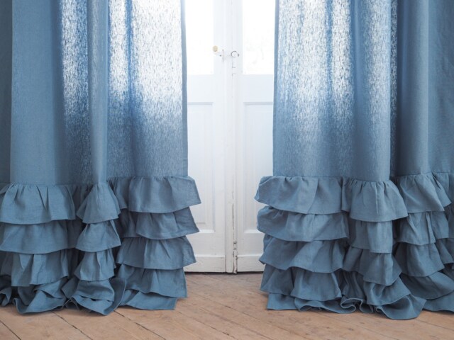Dusty Blue Ruffled Heavy Linen Curtain Panel/1 Pcs by Etsy | ufurnish.com