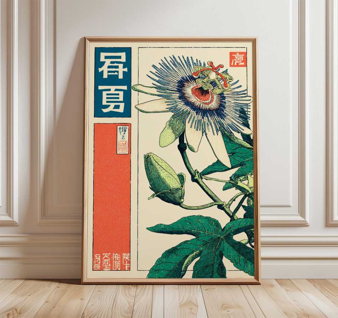 Japanese Passion Flower Print, Vintage Ukiyo-E Botanical Wall Art