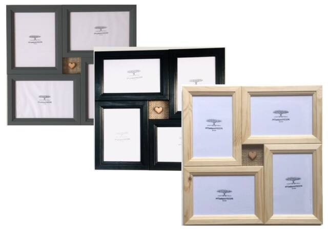Solid Wood Collage Picture Frame With Hessian Heart - 4 Photo Display ...