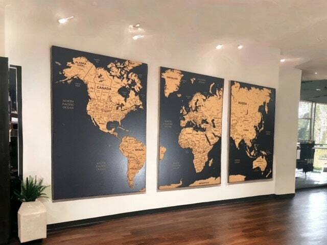 World Map Cork Push Pin Wall Art Map, Oak Wood Or Board Wooden Travel ...