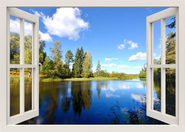 Picture of Lake View With Clouds & Forest Wall Decal, Sticker, 3D Window Nature ...