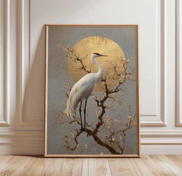Golden Sun Crane Poster - Japanese Heron Wall Art With Plum Blossoms ...