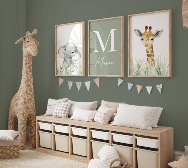 Set Of 3 Safari Animal Nursery Prints Sage Green Bedroom Wall Art ...