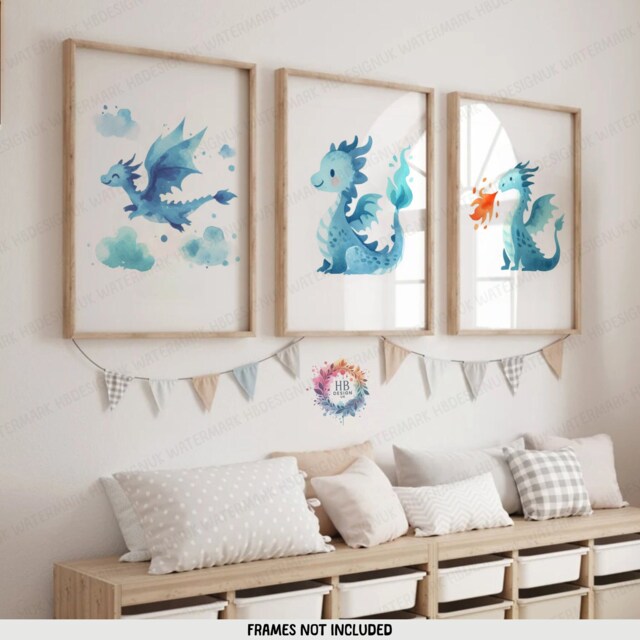Blue Dragon Nursery Art - Set Of 3 Prints - Boys & Girls Bedroom ...