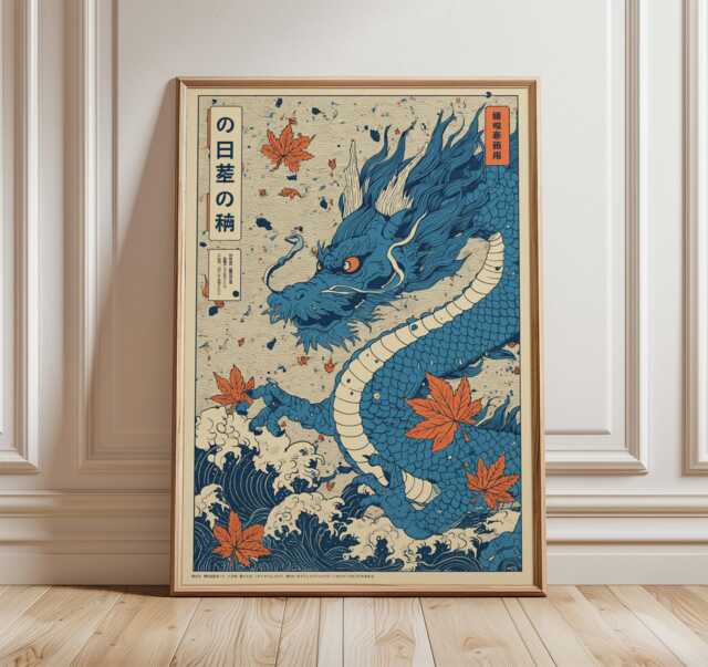 Blue Dragon Art Print, Japanese Wave Poster, Mythical Creature Wall Art ...
