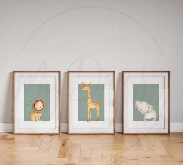 Nursery Wall Art Prints With Elephant, Lion & Giraffe, Set Of 3 Safari ...