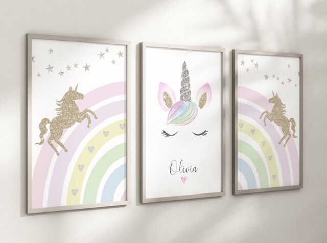 Unicorn Rainbow Stars Girls A4 Or A3 Nursery Set Of Unframed ...