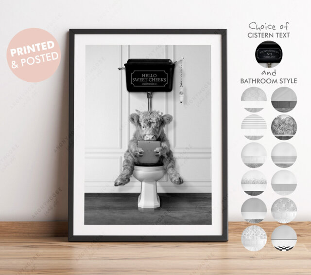Black & White Baby Highland Cow Calf On Toilet With Tablet, Victorian ...