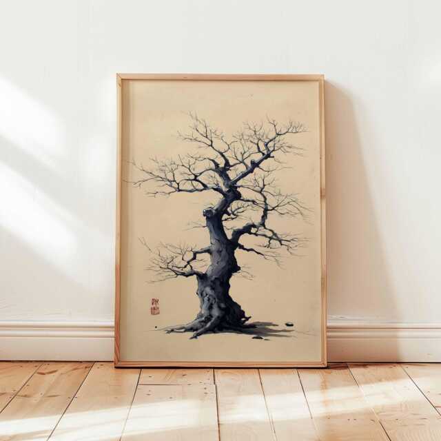 Japanese Tree Wall Art, Zen Minimalist Ink Poster, Bare Bonsai Branches ...
