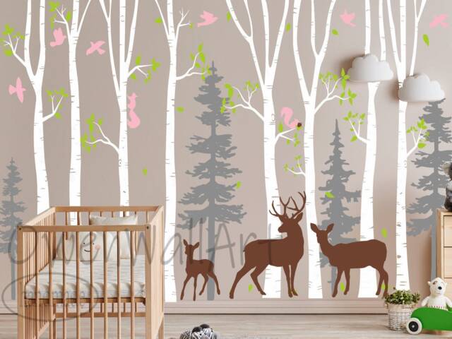 Forest Nursery Wall Decal, Birch Tree Pines Art, Decor, Large Sticker ...