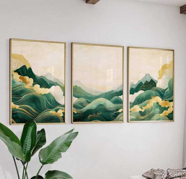 Mountain Wave Poster Art - Abstract Green Landscape Japanese Style Wall ...