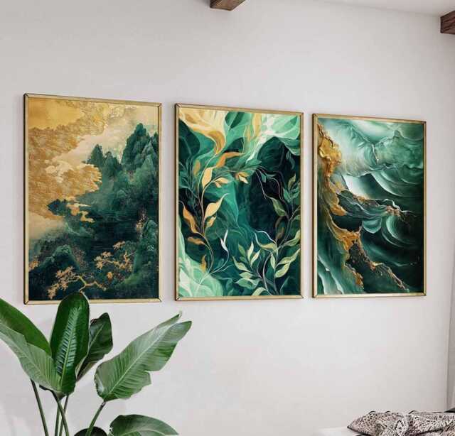 Green & Gold Abstract Landscape Poster Set, Modern Nature Art ...
