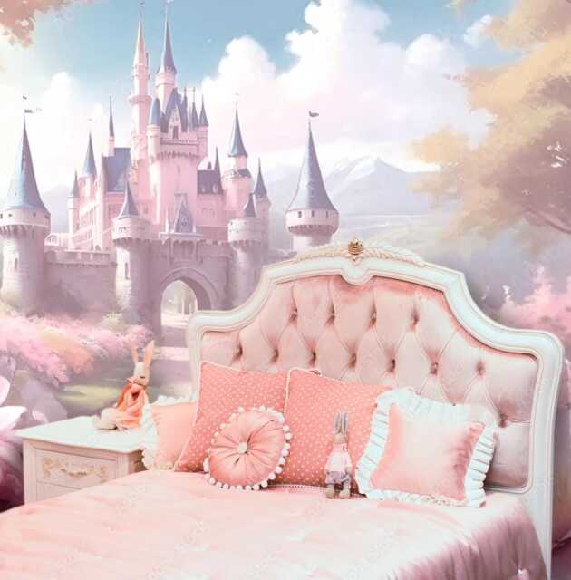 Fairytale Pink Castle Wallpaper Pastel Dreamy Princess Wall Mural ...