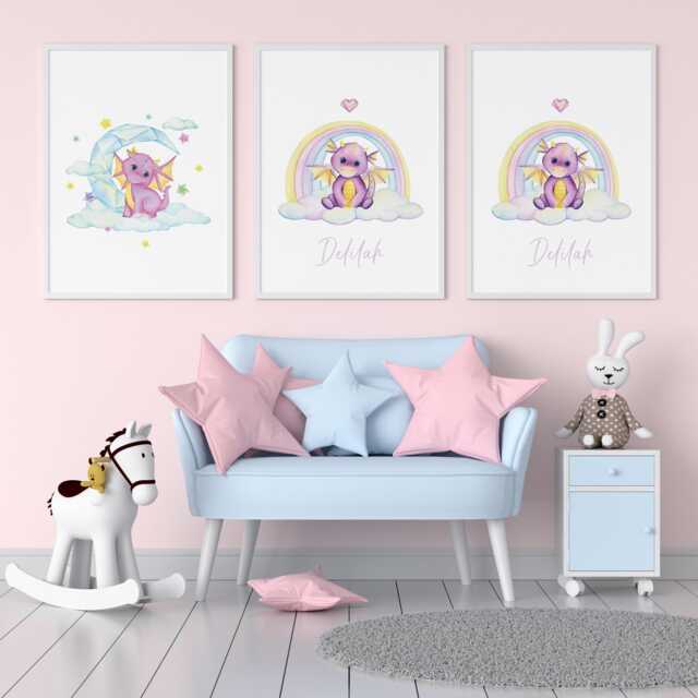 Dragon Nursery Prints Pastel Dragons, Crystal Moon, Rainbow Decor - Set ...