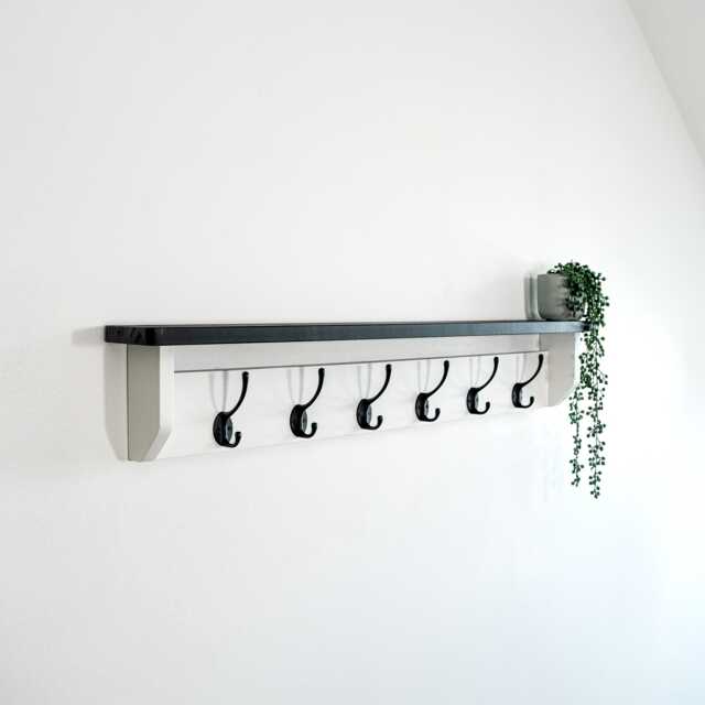 White Coat Rack With Black Shelf, Black Hooks, Shelf Black Silver ...