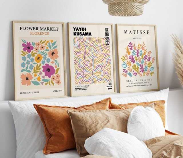 Set Of 3 Exhibition Posters Multi Colour Wall Art Flower Market Matisse ...