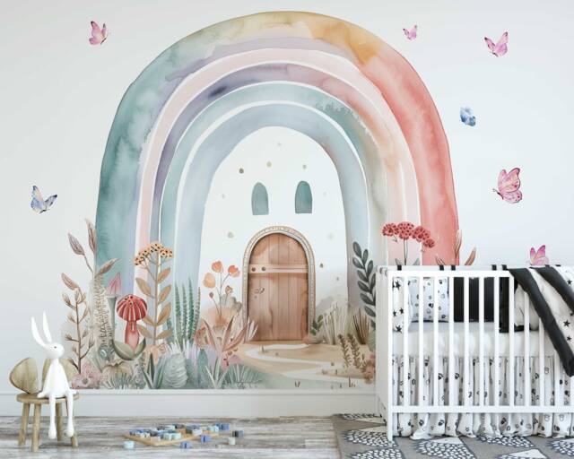 Boho Rainbow Wall Decal - Watercolor Flowers & Butterfly Sticker Cute ...