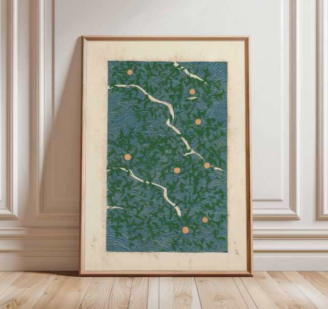 Japanese Abstract Nature Poster, Minimalist Green Blue Wall Art