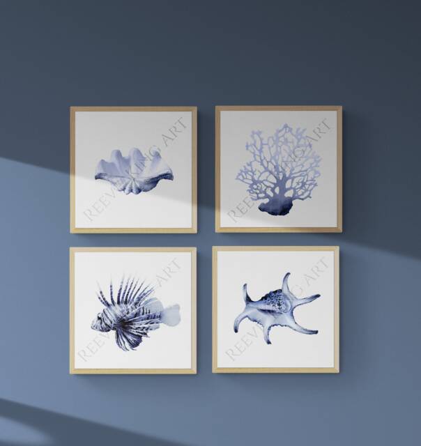 Hamptons Wall Art Prints Set Of 4 Shells & Coral Nautical Theme by — free download