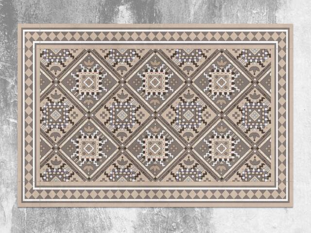 Tile Decal Rug Retro Tile Rug Beige Vinyl Mat, Brown Rug, Linoleum Floor Kitchen ...