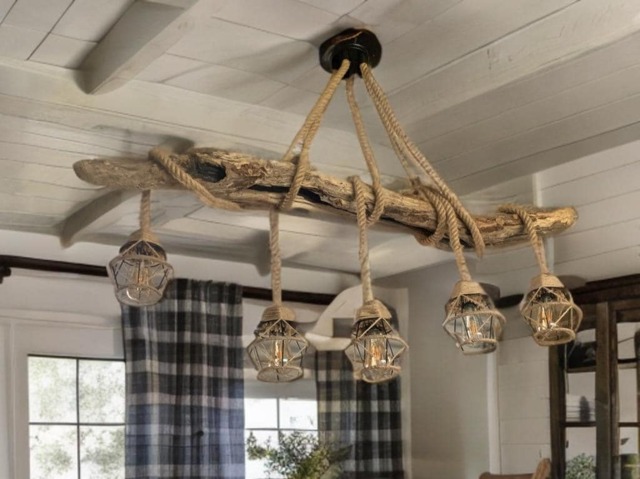 Image showcasing Driftwood Rustic Ceiling Rope Pendant Light, 5 Edison Bulb Holders Made ...