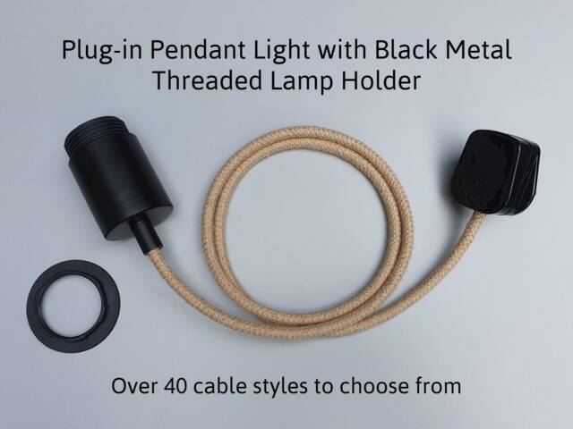 Threaded Shop Lamp Threaded Black Plug in Pendant Light - Fabric Cable, Metal Lamp Holder ...