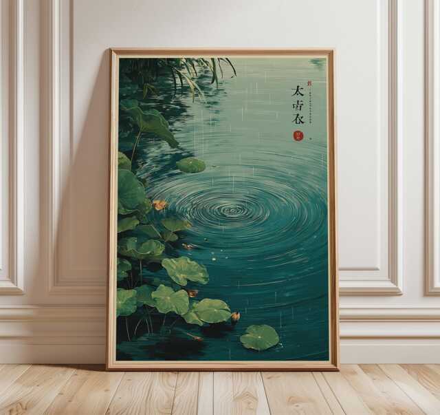 Lotus Pond Poster, Japanese Style Art Print, Green Rainfall Wall by ...