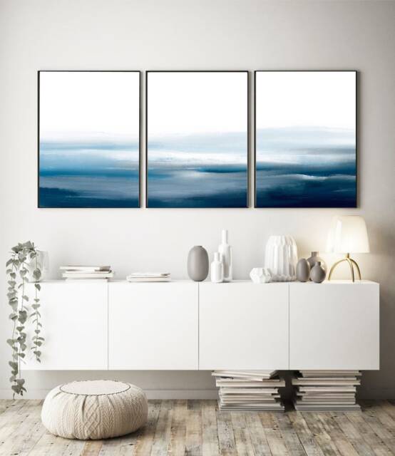 Blue Abstract Wall Art Prints, Navy Art, Blue Painting, Set Of 3 Prints ...