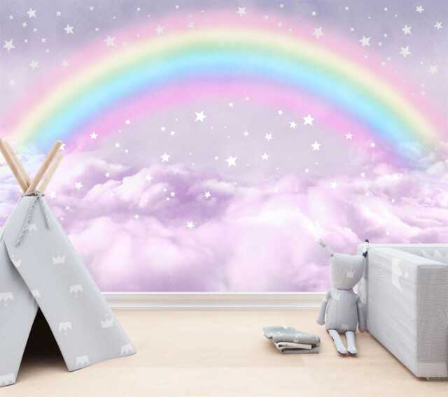 Nursery Rainbow Starry Pink Sky Kids Wall Decor Gift Art Print ...