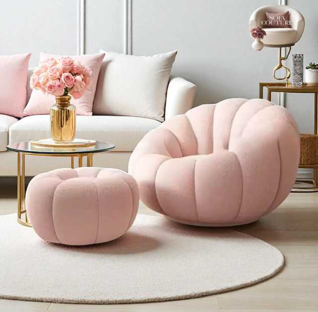 Autumn Light Pink Pumpkin Sofa Chair & Pouf Set Scandinavian Modern ...