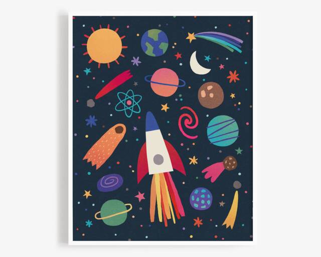 Space Art Print - Rocket & Planet Wall Art, Kids Room Colorful Decor ...