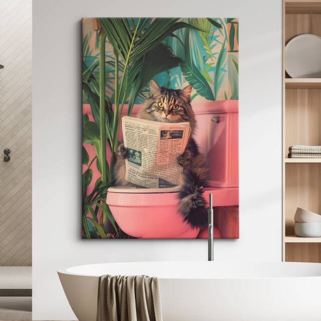 Funny Cat Bathroom Canvas Art - Quirky Framed Wall Decor, Reading ...