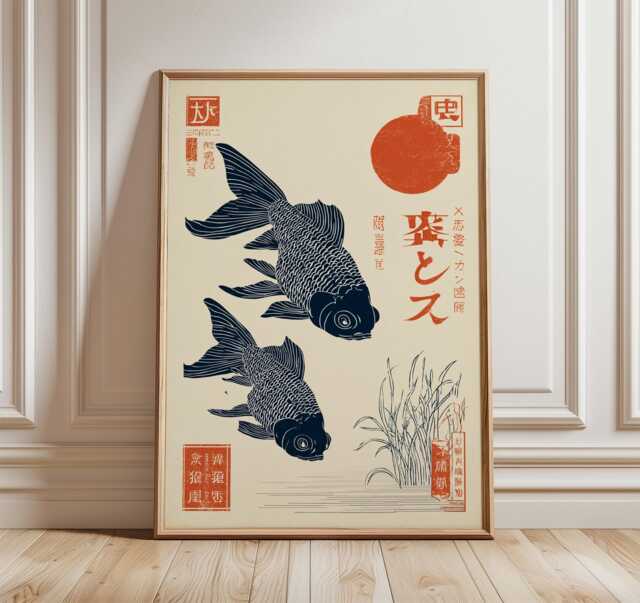 Japanese Blue Koi Fish Poster, Vintage Ukiyo-E Style Art Print