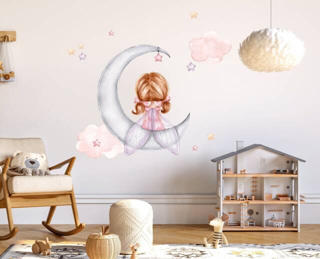Ballerina Wall Decal, Nursery Sticker, Princess On The Moon, Clouds ...