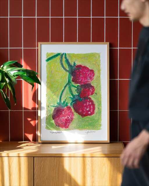 Vintage Raspberry Themed Decor Original Raspberries - Oil Pastel Kitchen Print, Cottage Art, Food ...